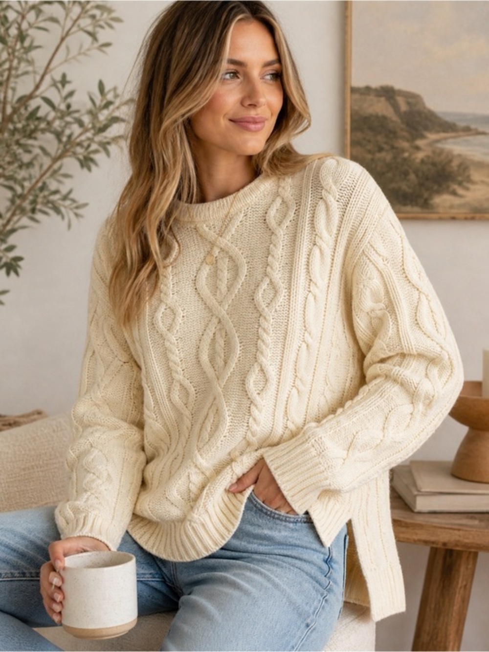 Chunky Cable Knit Sweater Nutter Yellow Oversized Fisherman Cozy XL